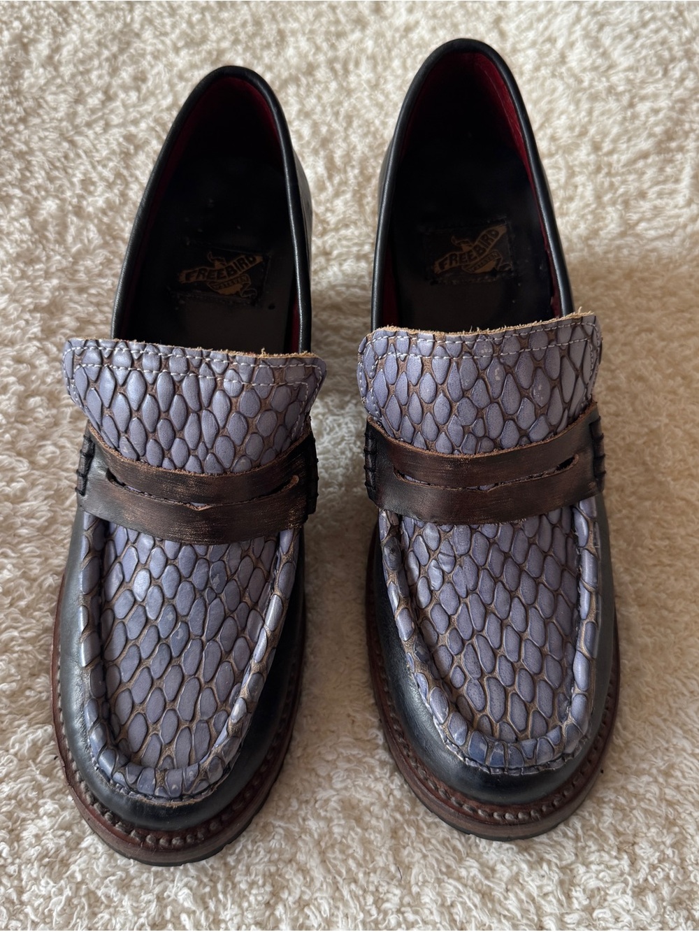 FREEBIRD Bristol Blue Black Leather Heeled Loafers Size 8